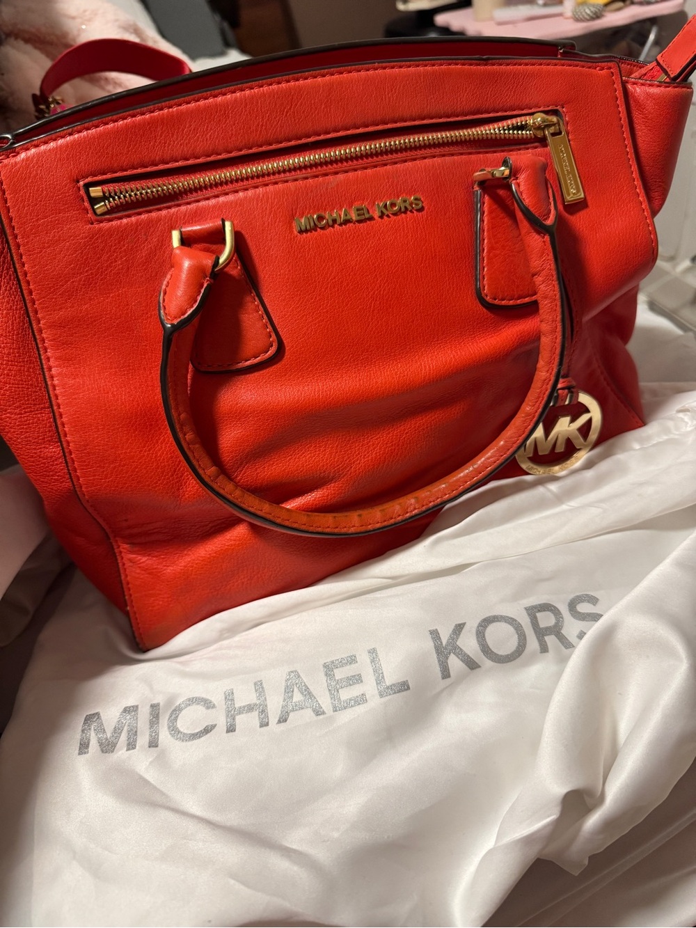 Michael Kors Orange-Red Leather Satchel with Gold Hardware